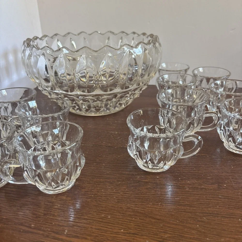 Vintage Set Punch Bowl With 12 Cups Indiana Glass‎ Lotus Blossom Heavy Cut